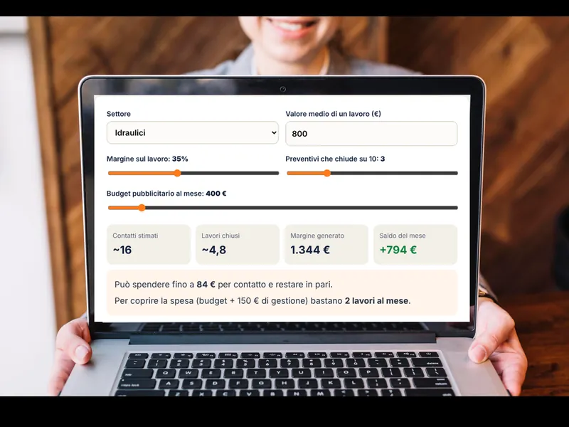 Calcolatore Google Ads per artigiani mostrato su un portatile – Calcolatore: quanto le rende Google Ads